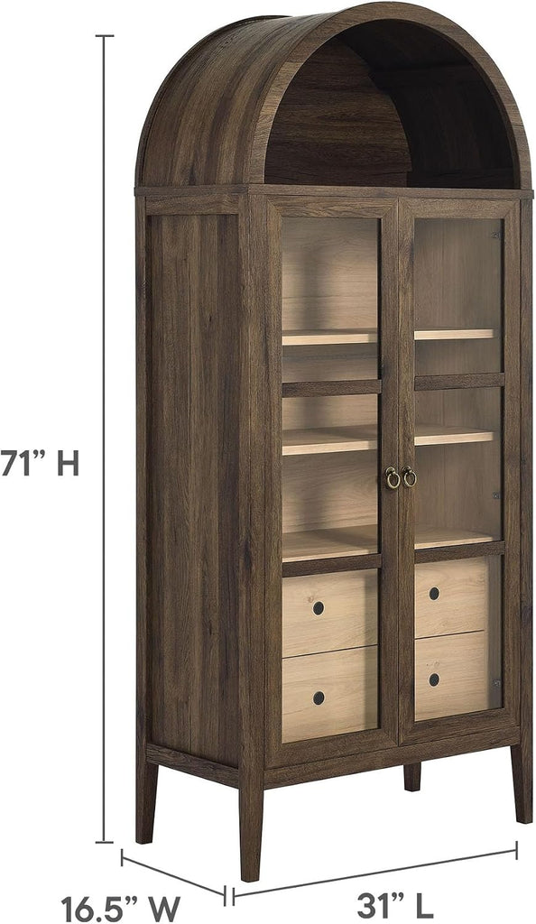 Nolan Modern Farmhouse 71 Inch Tall Arched Storage Display Cabinet in Walnut Hickory Wood Grain - 4-Tier Bookcase