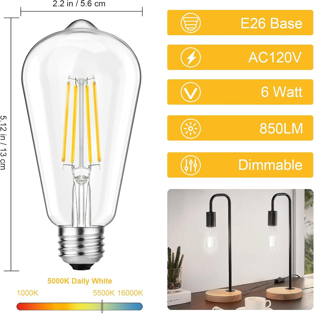 Vintage LED Edison Bulbs 6W Equivalent 60W, Dimmable, Daylight 5000K, 850 Lumens ST58 Antique LED Filament Bulbs
