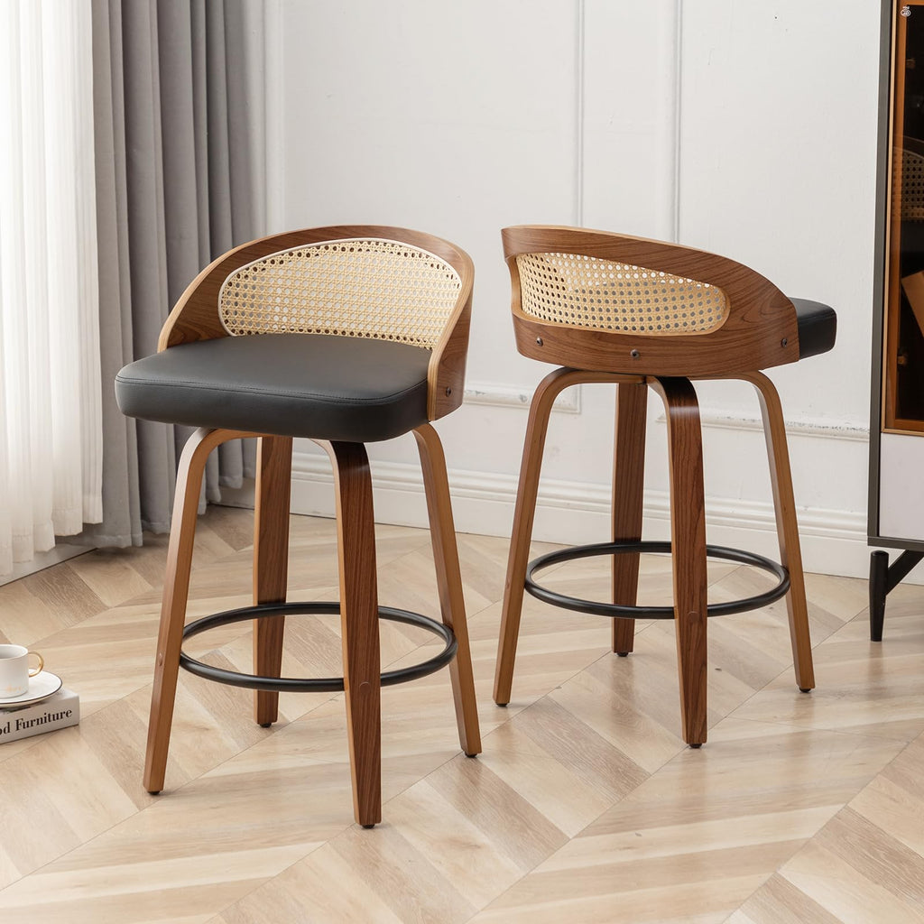 30" Swivel Rattan Bar Stools, Mid-Century Modern Faux Leather Upholstered Bar Height Stools Kitchen Island Barstool