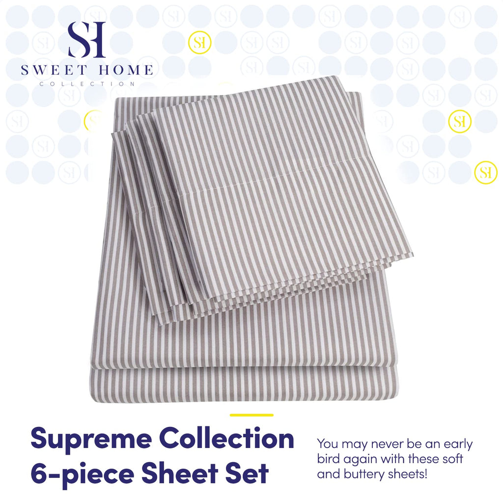 Sheets Stripe Grey - 6 Piece 1500 Supreme Collection Fine Brushed Microfiber Deep Pocket Sheet Set