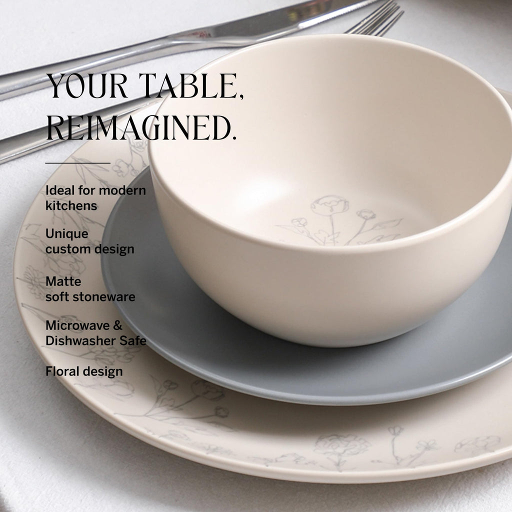 Lain Camelia 12-Piece Stoneware Dinnerware Set, Dinner Plates, Salad Plates & Bowls, Service for 4, Dishwasher &