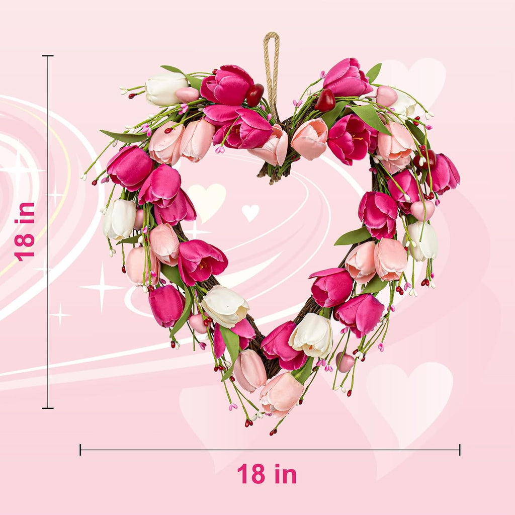 Valentine's Day Wreath 18 Inch Valentines Day Door Wreath with White Pink Red Tulip Berry and Green Leaf Valentines