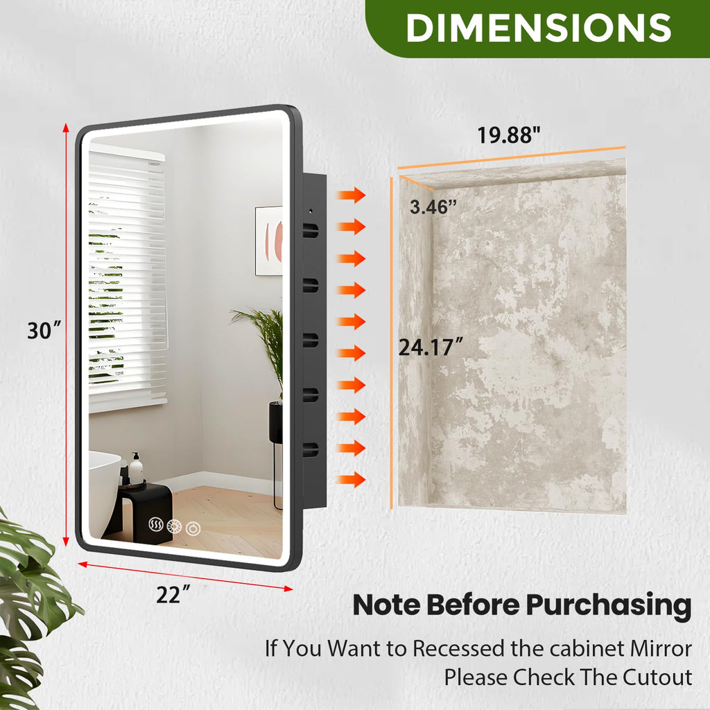 LED Medicine Cabinet Mirror 22x30 Inch, Recessed Medicine Cabinets with Lights, Anti-Fog Bathroom Mirror with