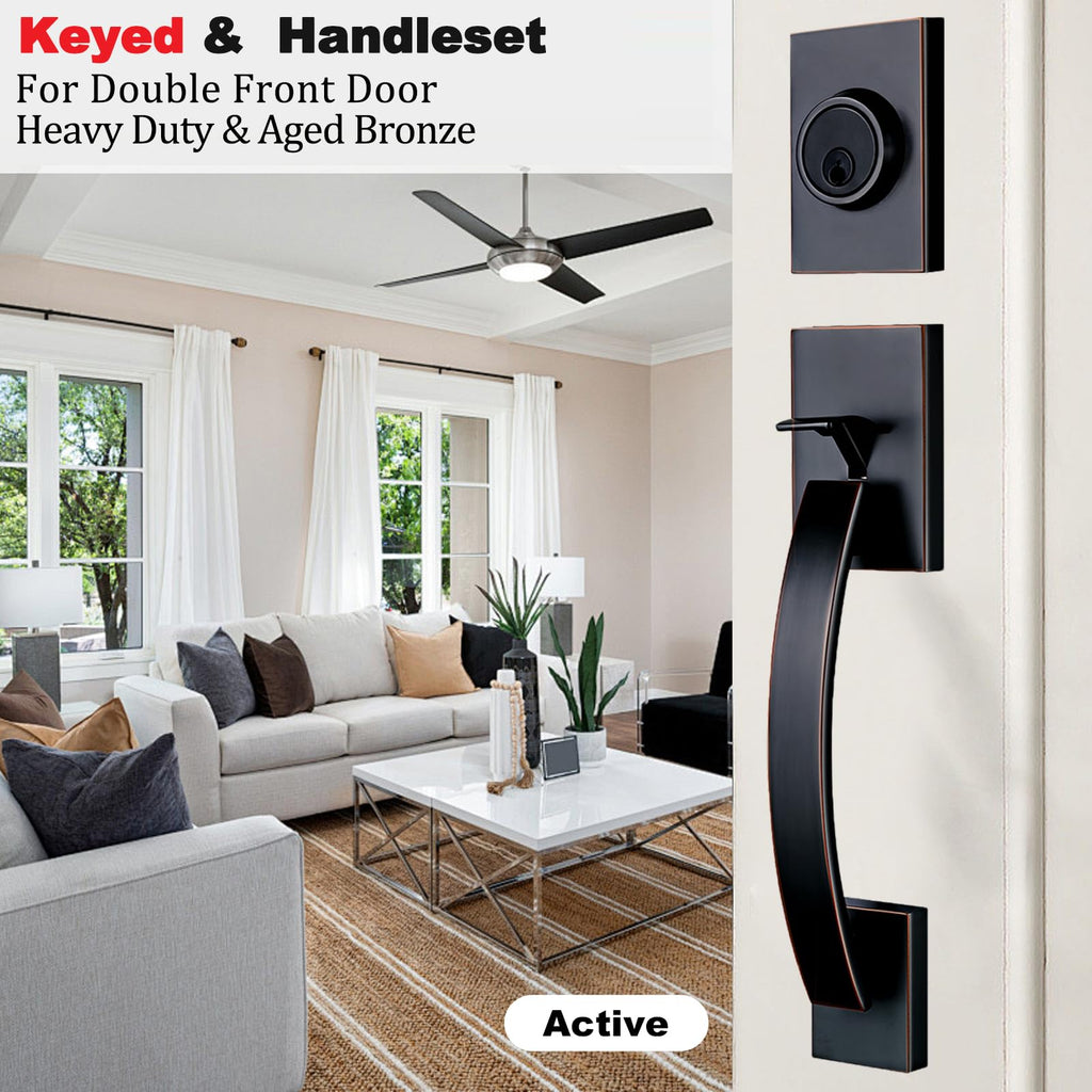 Exterior Door Handle, Front Door Handle with Deadbolt,Entry Door Lock Set with Reversible Lever, Oil Rubbed Bronze