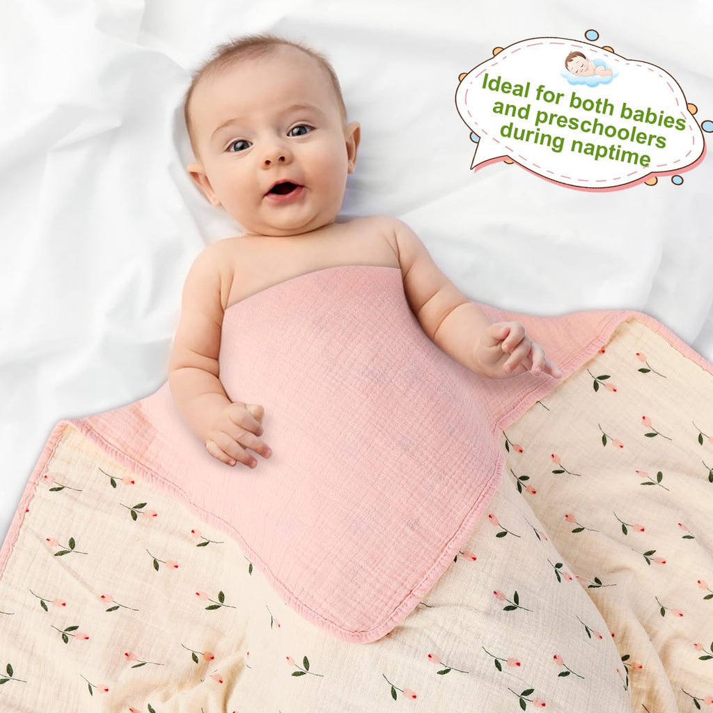 Muslin Baby Blanket Crib Blanket, Double-Sided for Girls, 40x40 Inch - Pink & Floral Print Quilt Blankets, Soft