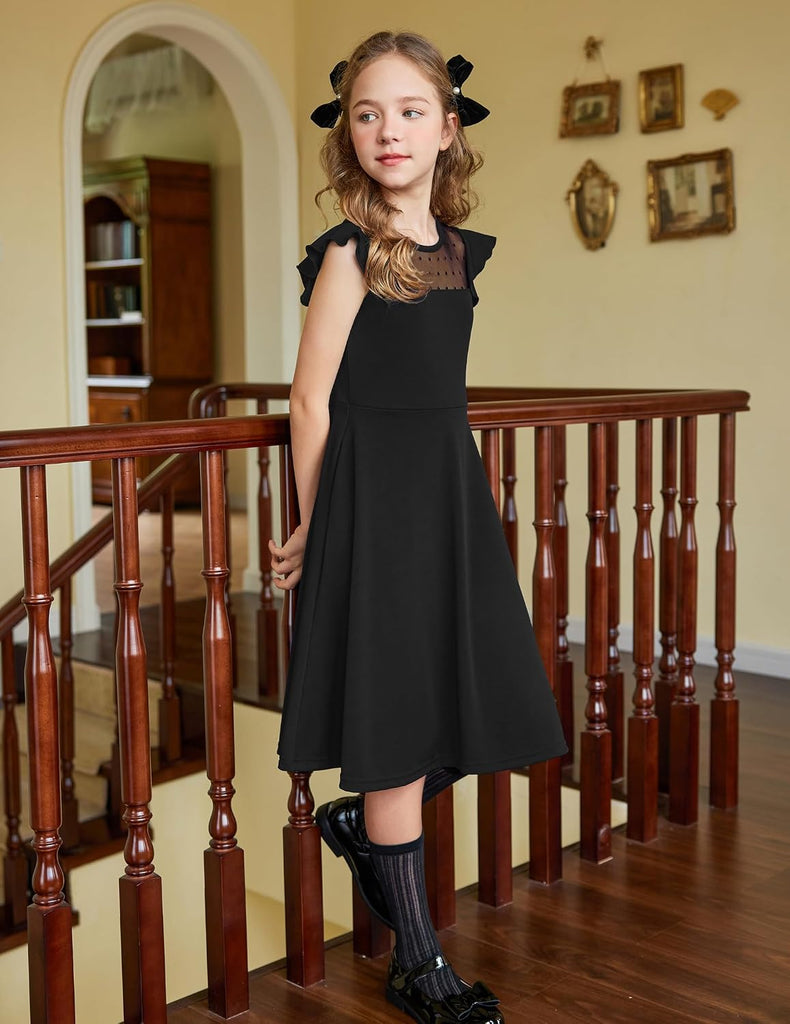 Girls Dresses Summer Formal Party Wedding Ruffle Sleeve Mesh Knee Length A Line Dress with Pockets