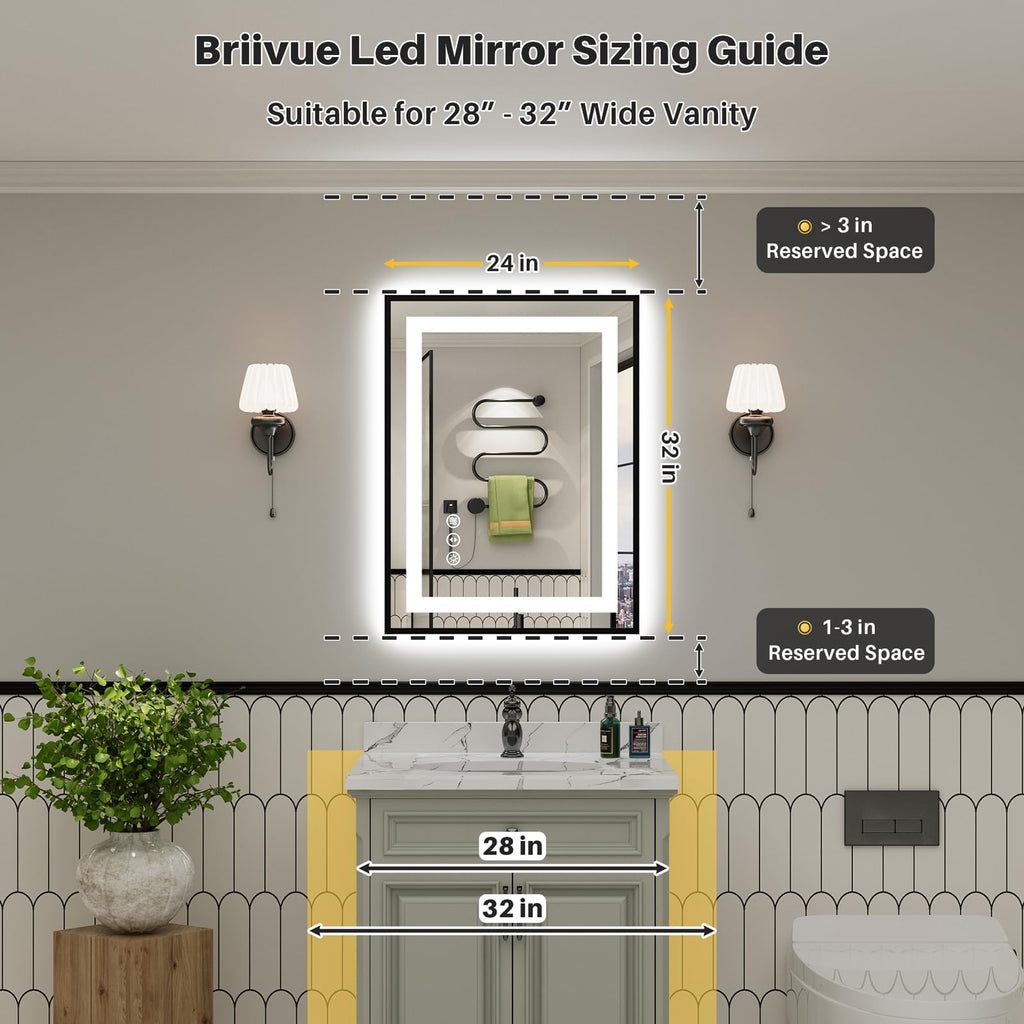 24x32 Inch LED Bathroom Mirror with Black Frame, Backlit & Front Lit