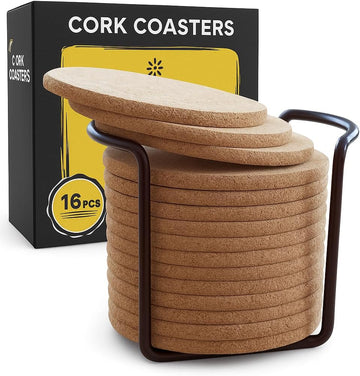 Cork Coasters for Drinks with Metal Holder - Round 4 inch Drink Coaster Thick Absorbent Heat-Resistant Saucer - Set of 16