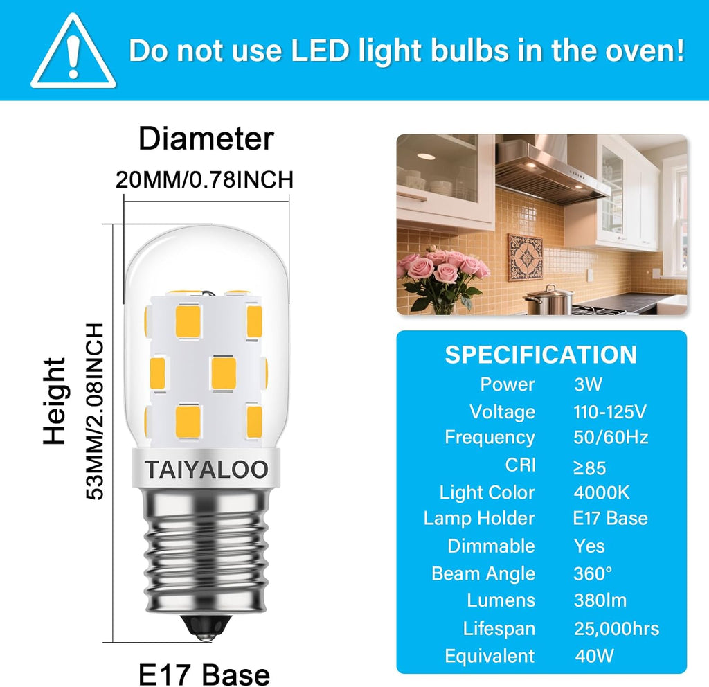LED Microwave Light Bulbs Under Hood 40W Equivalent, E17 LED Bulb Dimmable for Stove Top, Refrigerator, Appliance