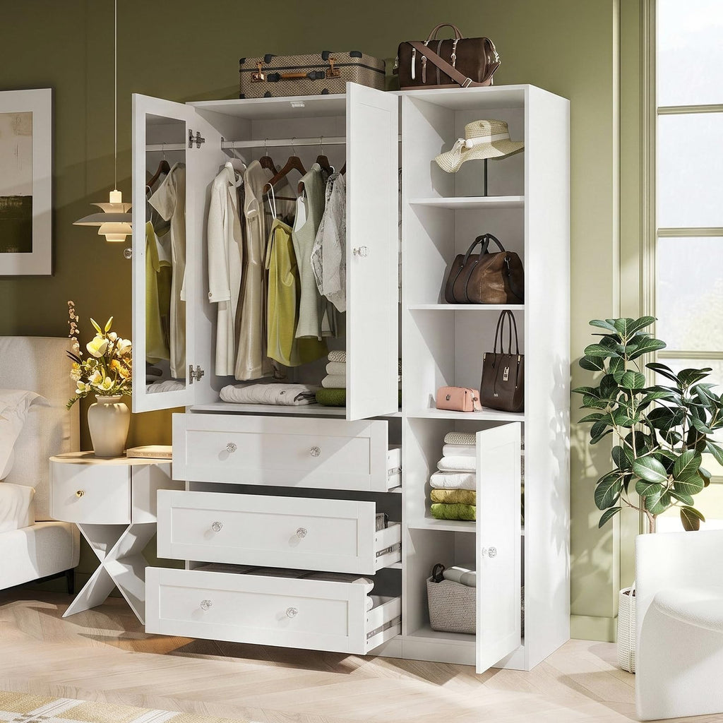 71"H Armoire Wardrobe Closet with Mirror and Open Shelves (2, White)