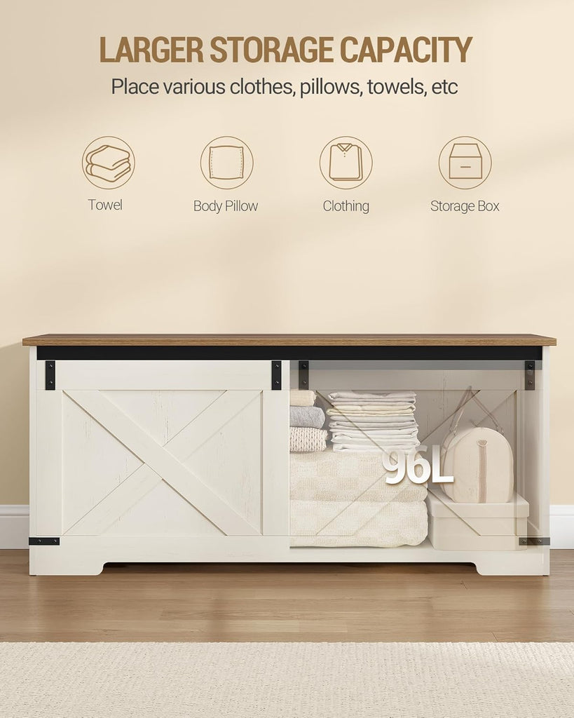 43" Storage Bench, Lift Top, 210L/55Gal Storage Chest | Retro White, Farmhouse, FSC Wood, 330lb, Double Hinges