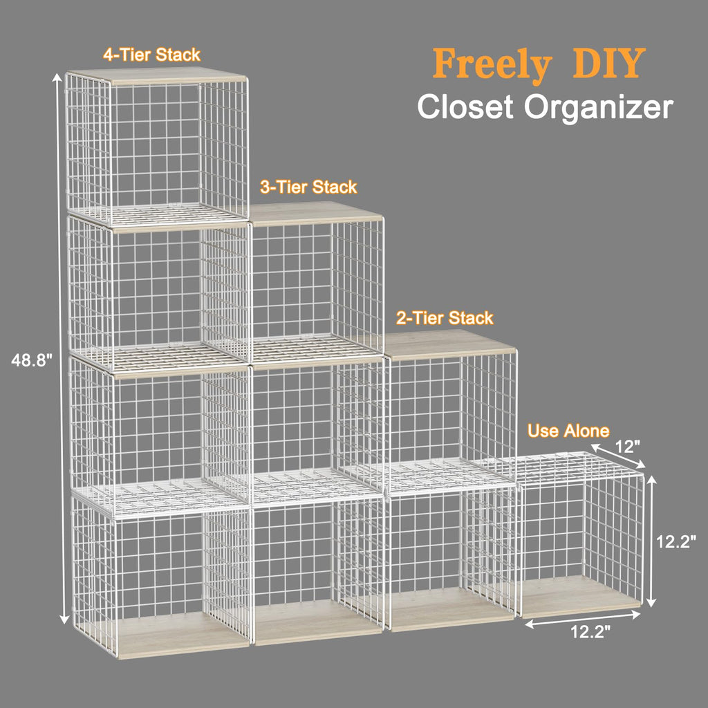 6 Pack Stackable Closet Organizer, Closet Organizers and Storage Shelves with Wood Tops, Metal Storage Bins for