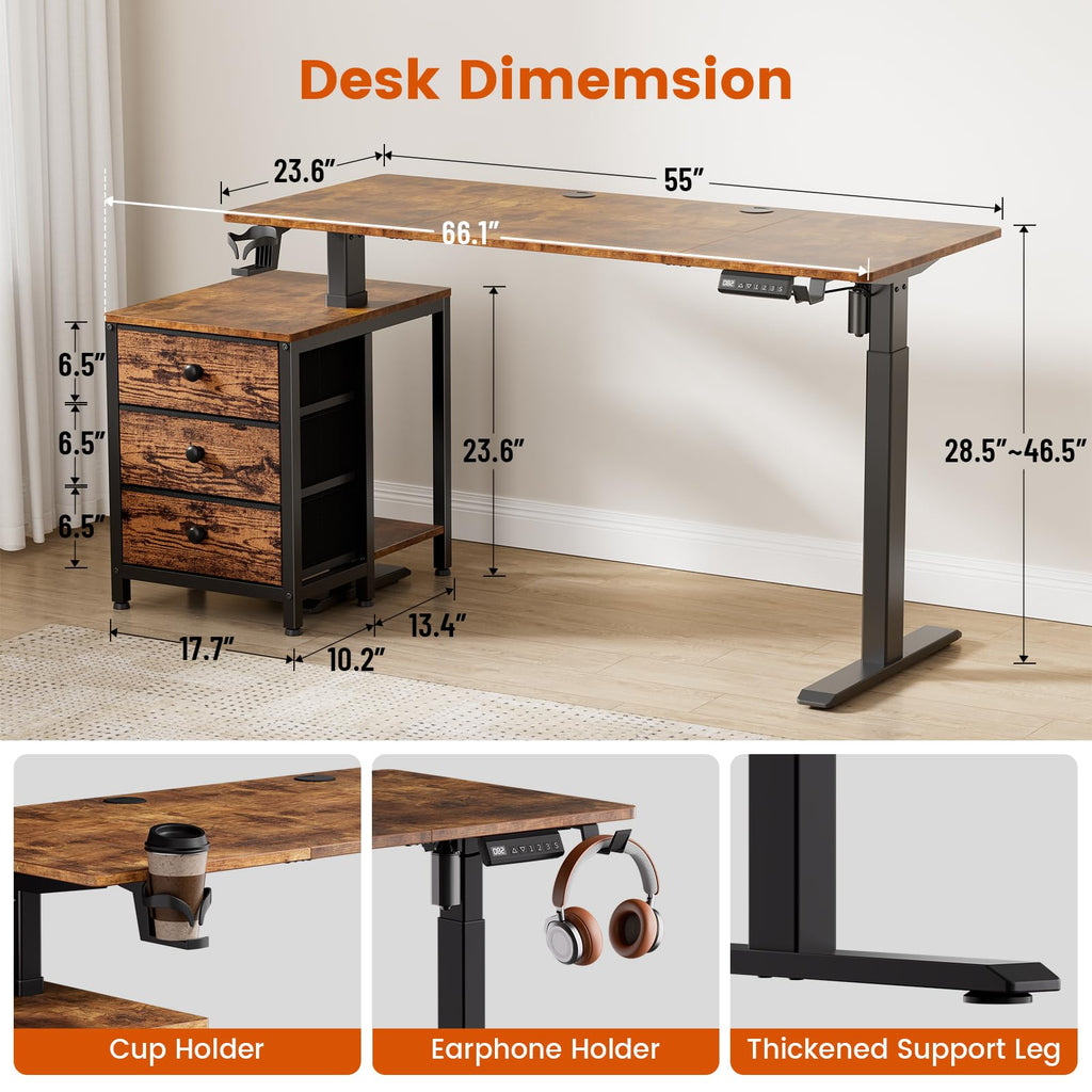 55 Inch Rustice Brown Height Adjustable Standing Desk with Drawers