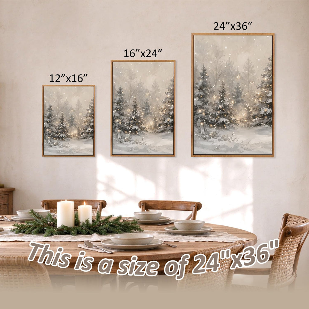 Large Framed Winter scene Forest Wall Art, Neutral Snowy Tree Prints