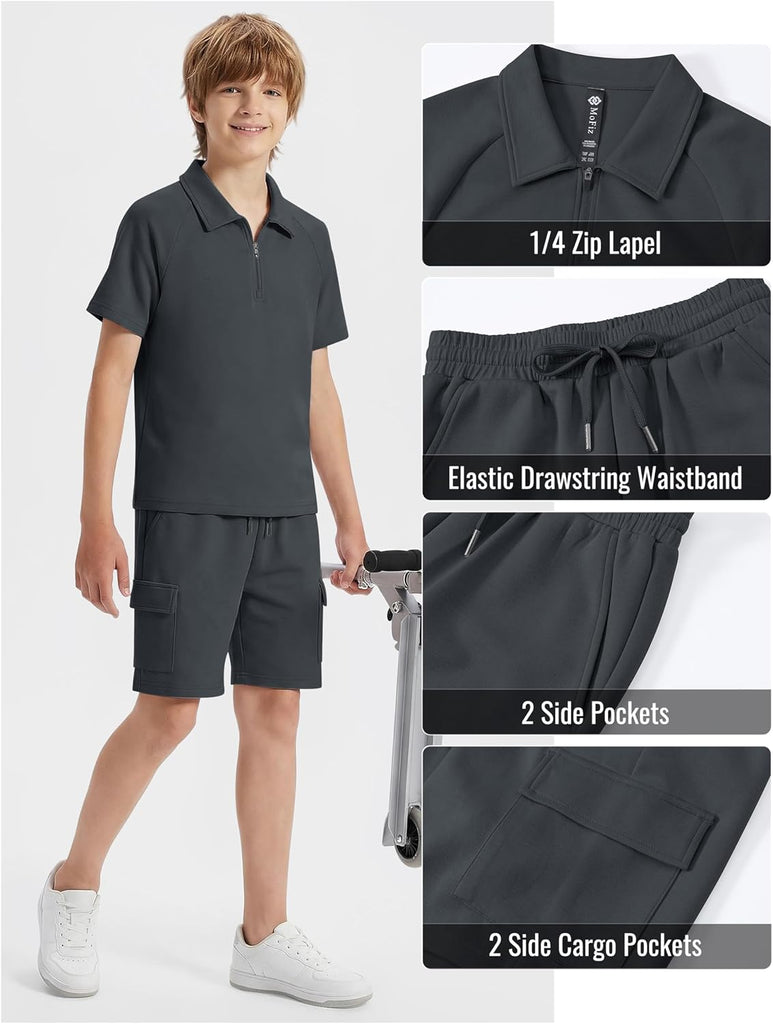 Boys Short Set Quarter-Zip T-Shirt and Shorts Lounge Sets Summer Casual Athletic Vacation Beach Outfits