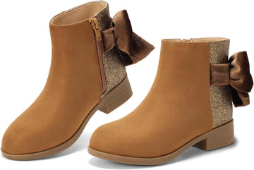 Girls Ankle Boots Bow Glitter Chunky Low Heel Zip Dress Booties