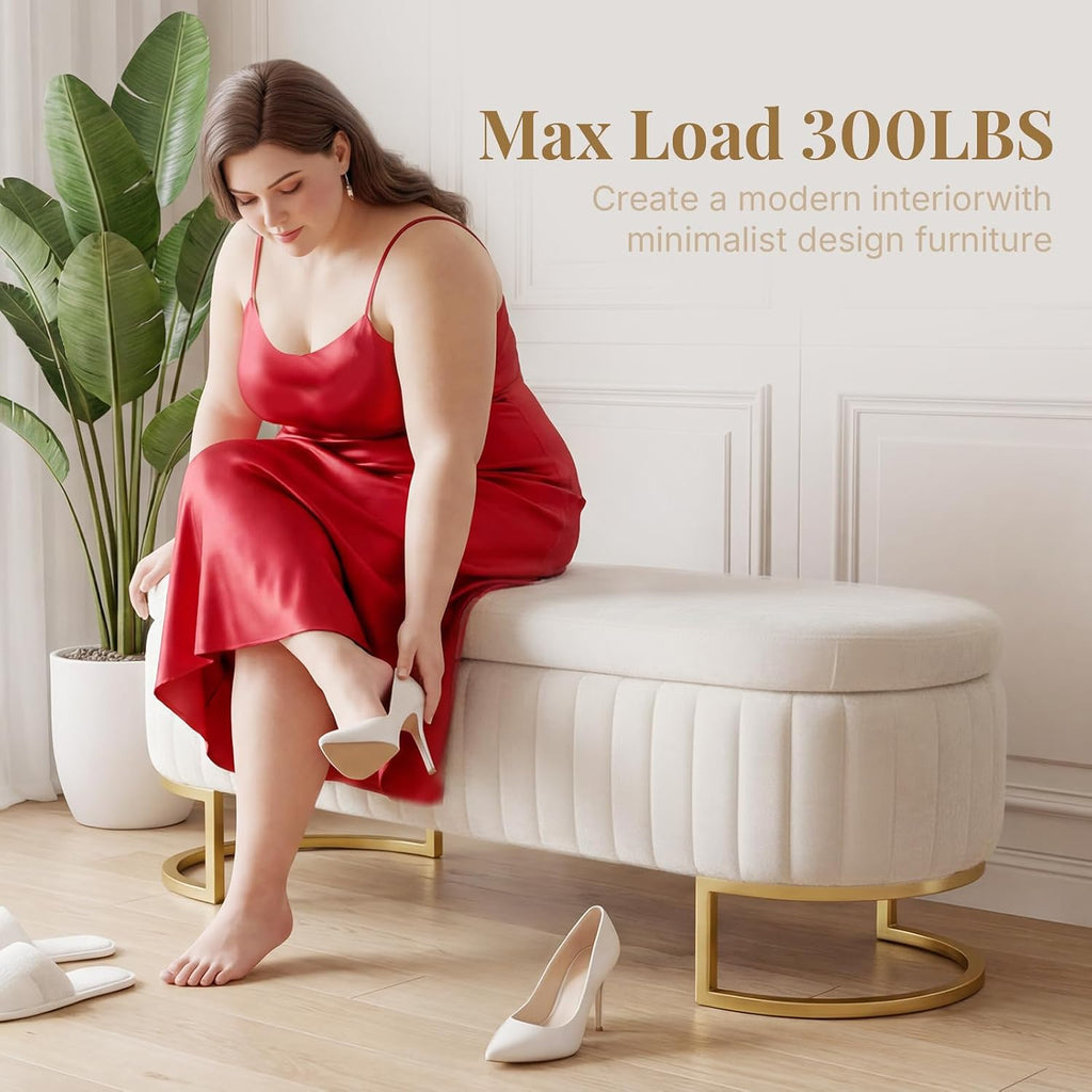 Velvet Storage Bench for Queen Size Bed, 46'' Beige Oval Ottoman, Gold Legs | Easy Assembly, Housewarming Gift