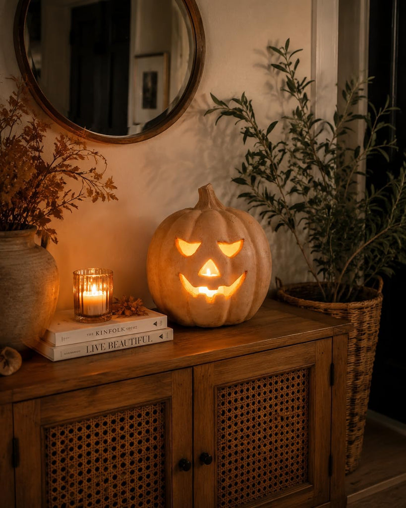 Fall Decor - Halloween Decorations - Handmade Terracotta Pumpkin Jack O' Lantern with Flameless Candle - Vintage