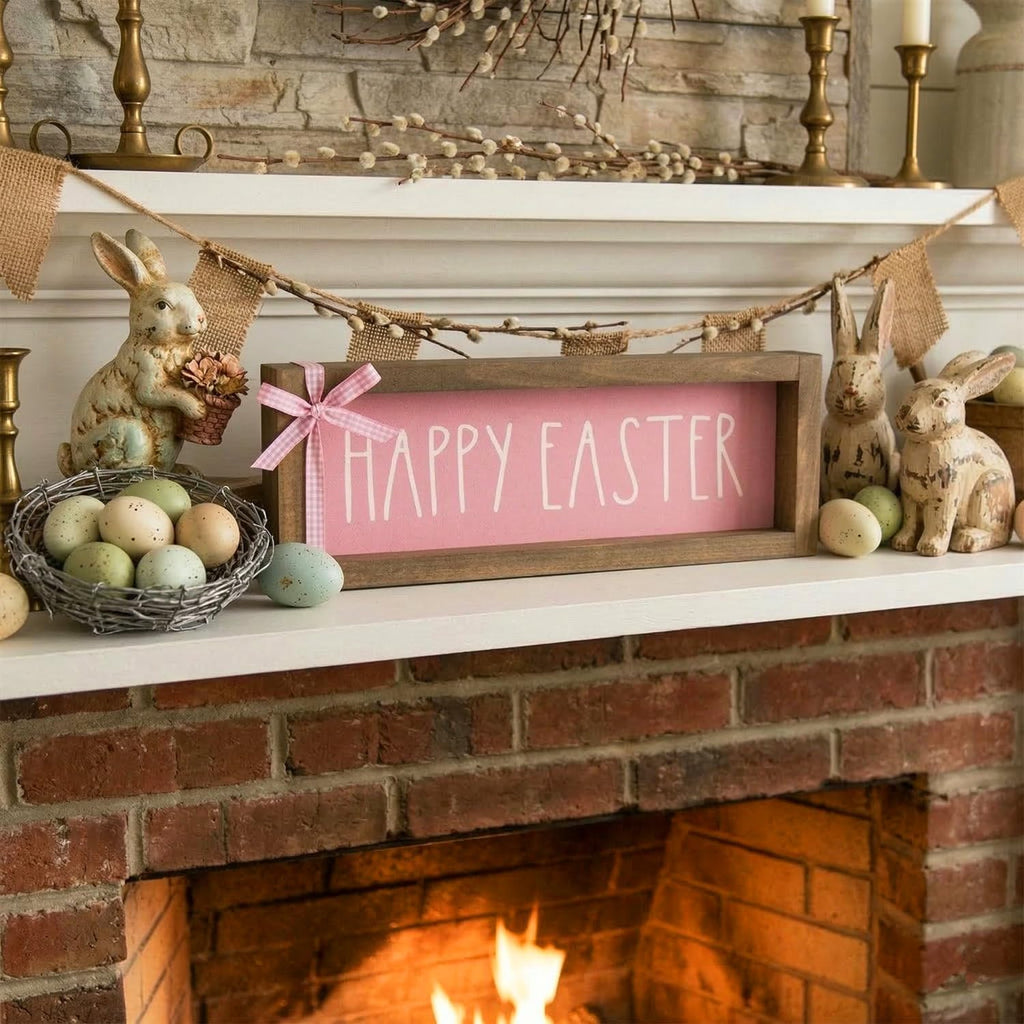 Happy Easter Sign, Wooden Pink Easter Table Top Decorations Indoor, Spring Wood Decorative Signage Wall Art Living