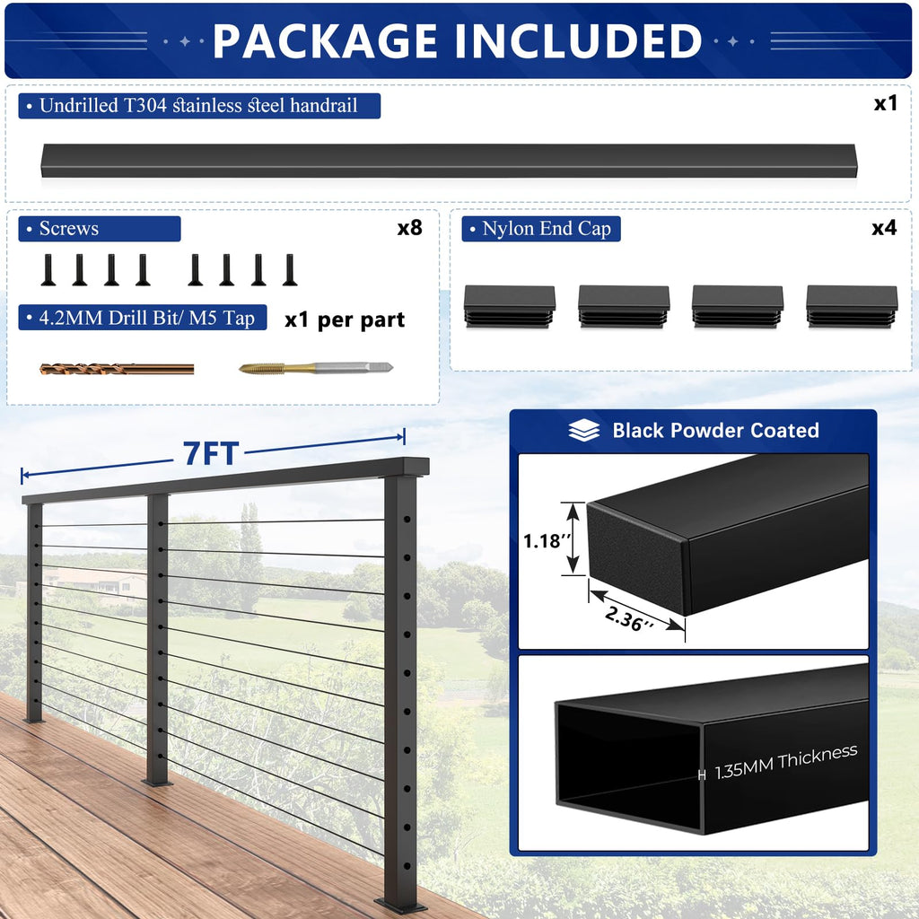 7FT Modular Stainless Steel Black Handrail, 2.36" W x 1.18" H