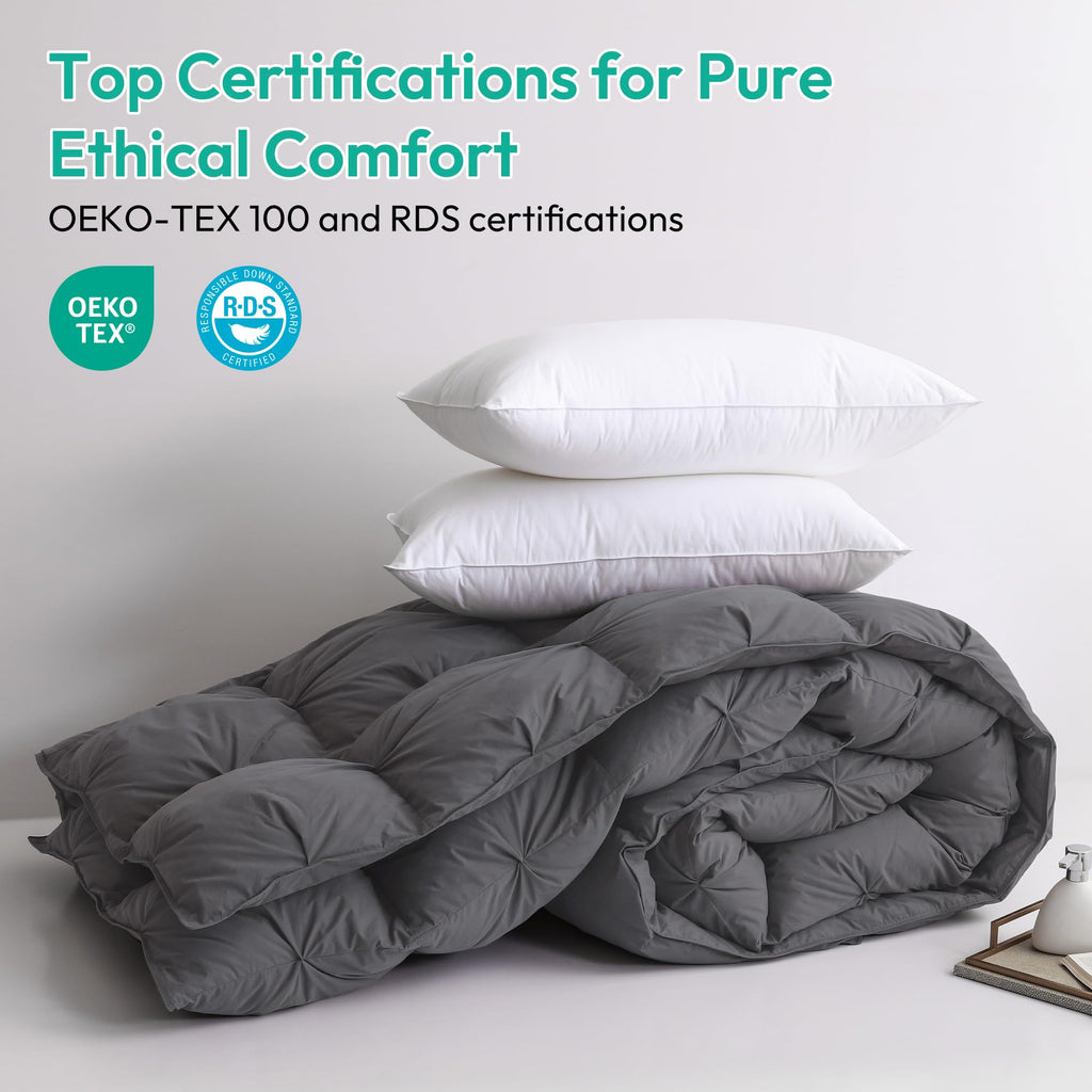 Pinch Pleat Waterfowl Feathers and Down Comforter Duvet Insert, 1200TC 100% Cotton Fabric, Premium All