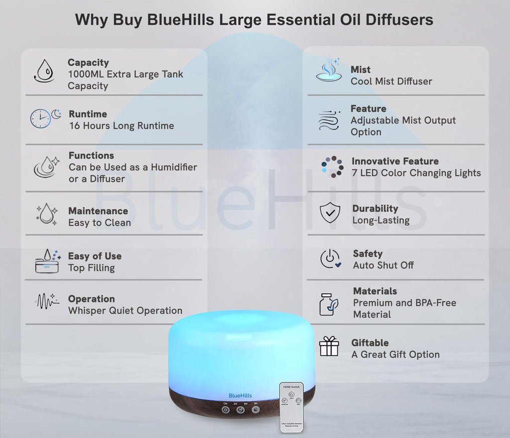 1000 ML Essential Oil Diffuser Premium Humidifier Remote Darkwood