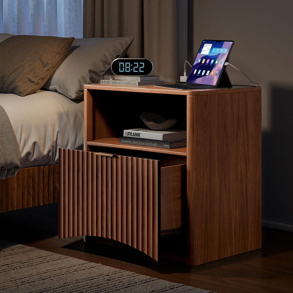 Fluted Nightstand with Charging Station, Walnut Bedside Table