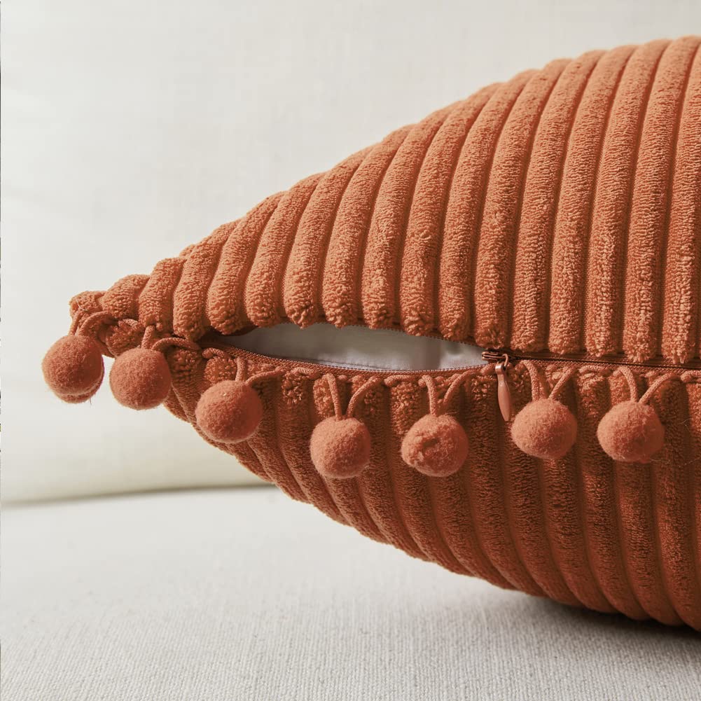 Pack of 2 Rust Fall Decorative Throw Pillow Covers 20x20 Inch with Pom-poms Couch Bedroom, Soft Corduroy Terracotta