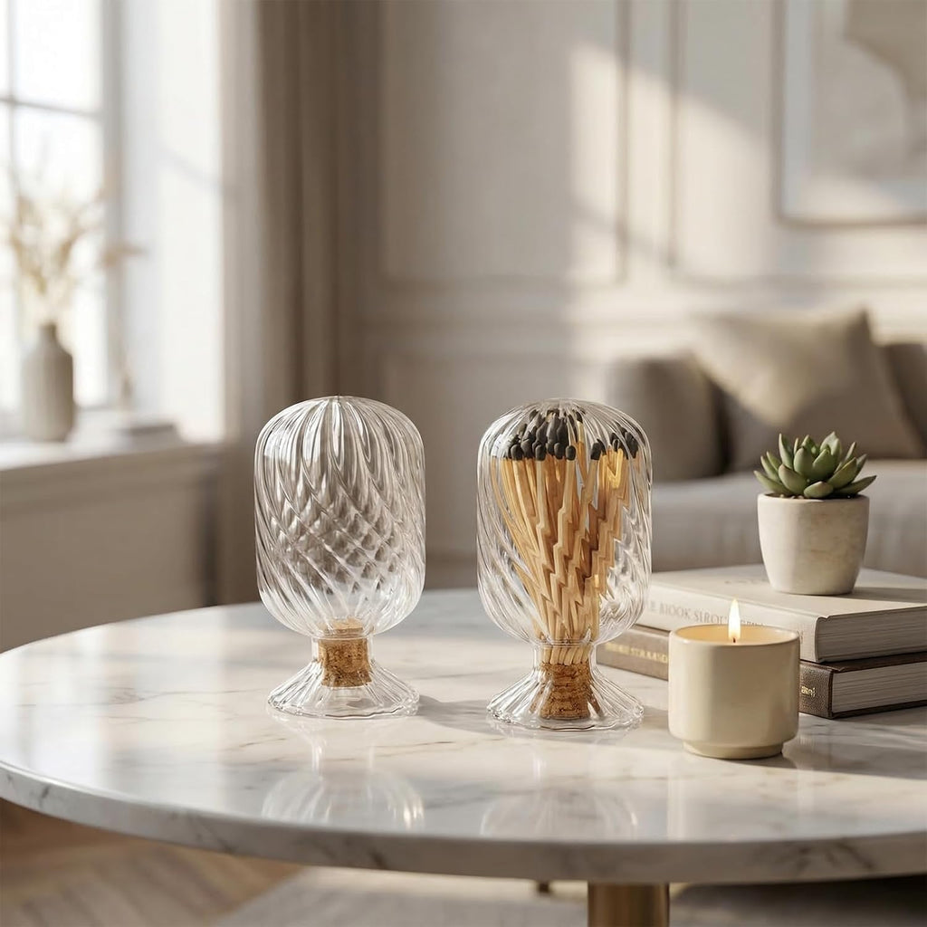 Transparent Helix Glass Match Cloche, Decorative Match Holder Jar, Stylish Matches in a Jar for Candles & Fireplace