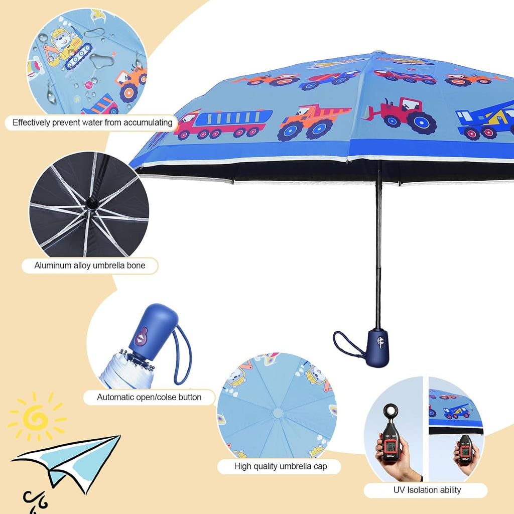 Kids Automatic Umbrella with Cartoon Print & Reflective Strip,easy One-Button Open Close, UPF 50+ Sun & Wind