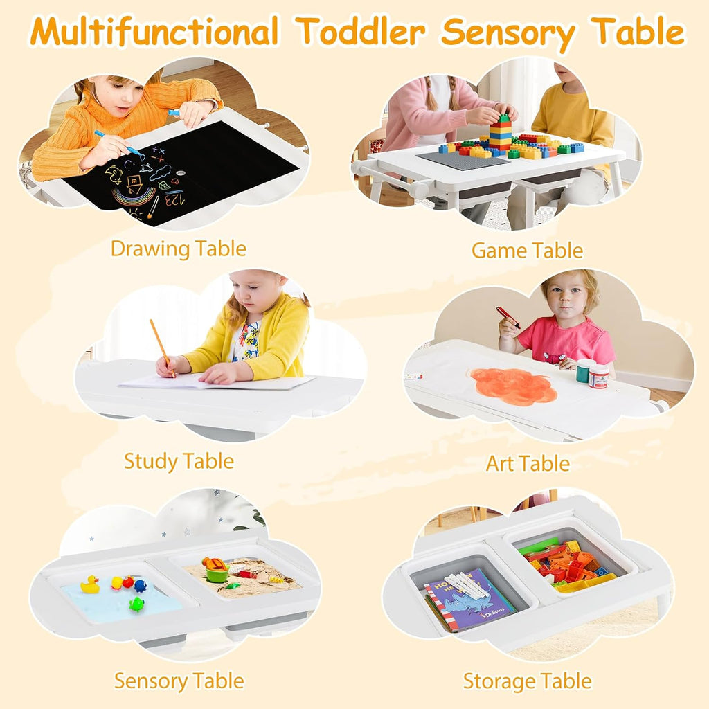 Sensory Table and Chair Set, Wooden Sand & Water Activity Set w/Paper Roll, Blackboard & Whiteboard, Building Block