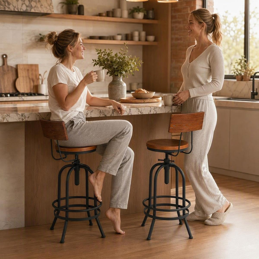Set of 2-Industrial Bar Stools with Backrest-Swivel Wood Seat-Bar Counter Height Adjustable 26-32.2inch-Kitchen