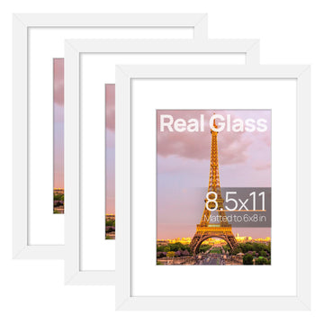 8.5 by 11 Picture Frame, Gallery Glass Photo Frames, 3Pcs, White