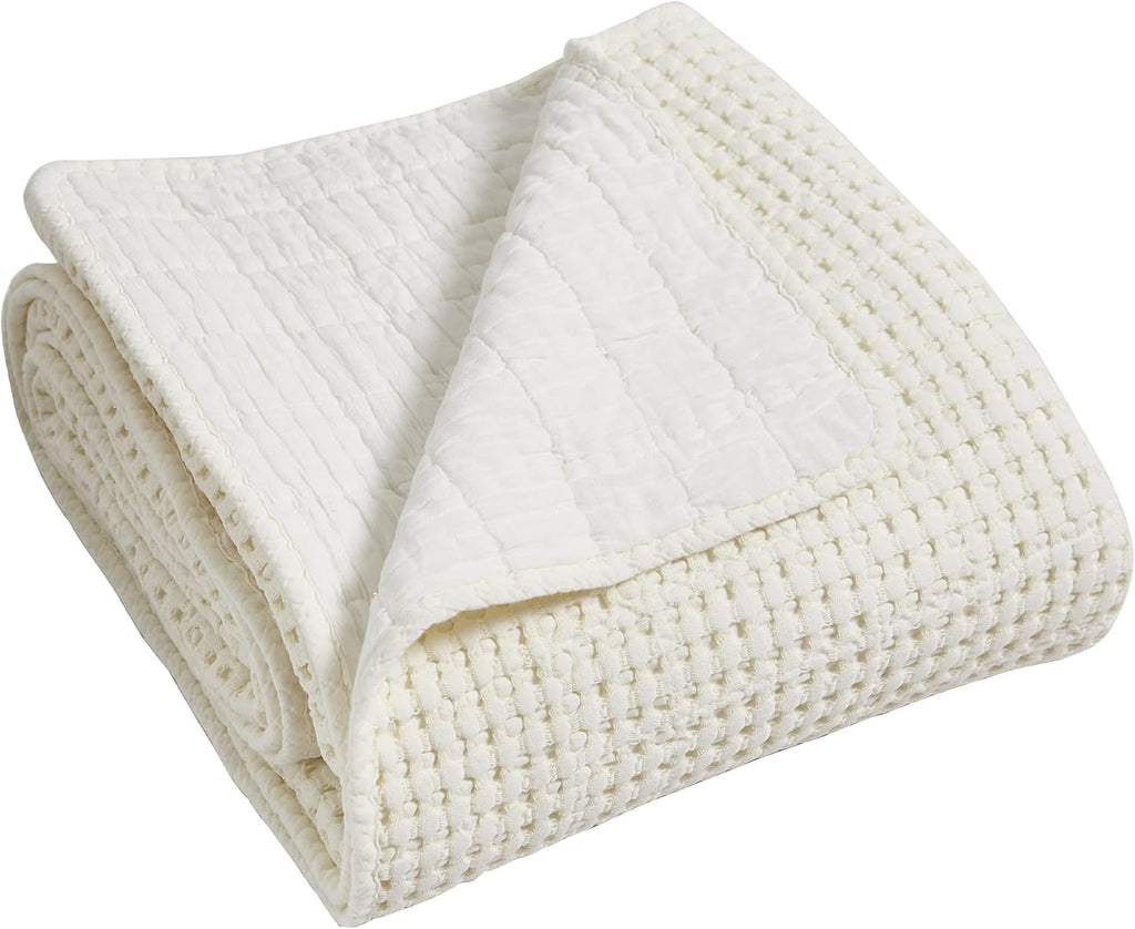 King Bedspread Set (122x106in) with 2 Pillow Shams (36x20in) - Cream - Cotton Waffle King Bedspread Set