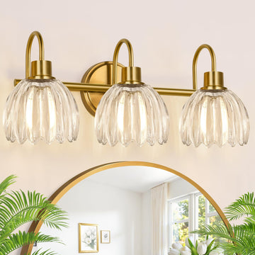 3-Light Bathroom Light Fixtures, 20" Brushed Gold Vanity Lights with Ribbed Clear Tulip Glass Shade, Vintage Wall
