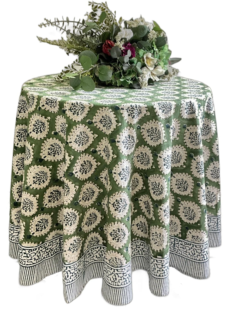 Cotton Blockprint Round Tablecloth, Kari Green, 90 Inches