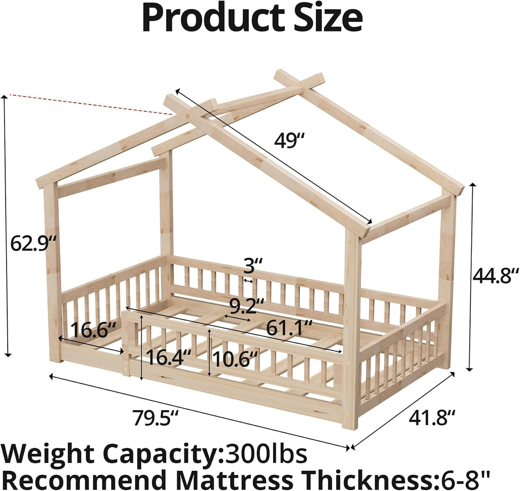 Tw Bed with Fence, Wooden Montessori Bed with Slats Support, Floor Bed Frame for Boys Girls Bedroom, Natural