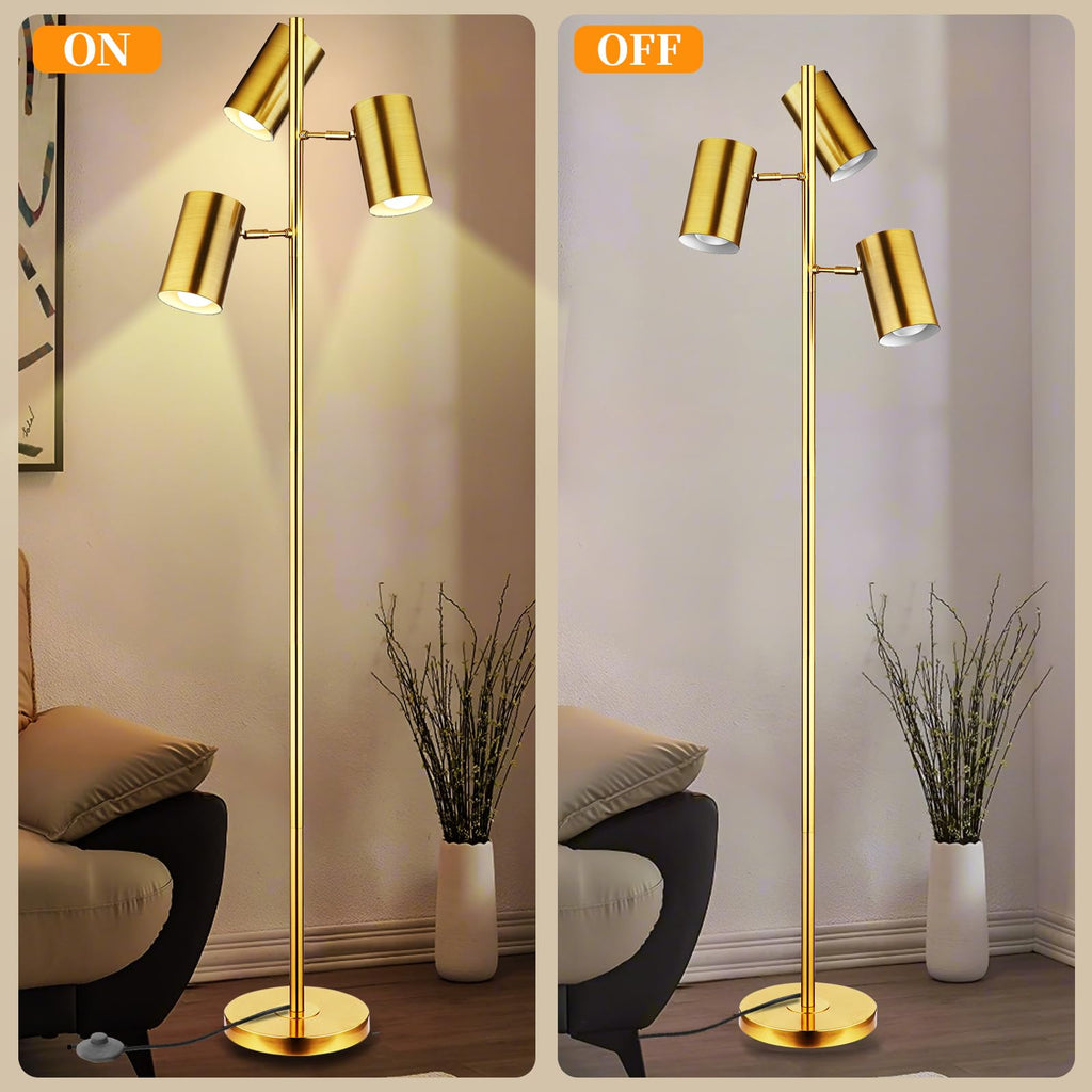 Tree Floor Lamp with 3 Light Bulbs, Gold Standing Tall Pole Lamp with 3 Adjustable Rotating Lights, Farmhouse Floor