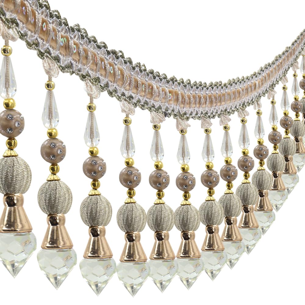 Beading Fringe Trimming Long Beads Tassel Curtain Trim Ribbon Trim for Cover Edge Decorative (Beige) - 3yards