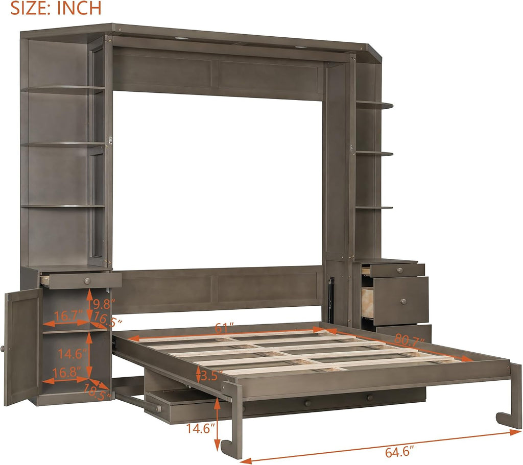 Queen Murphy Bed with Desk and Storage, Hidden Wall Bed with Foldout Workstation, Shelves and Cabinets for