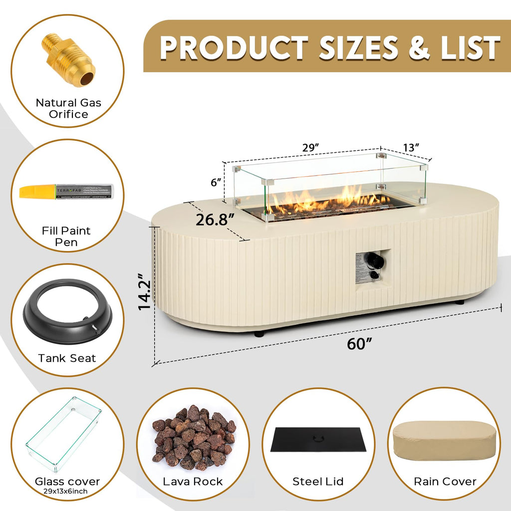60" Oval Propane/Natural Gas Fire Pit Table with Wind Guard, Outdoor Patio