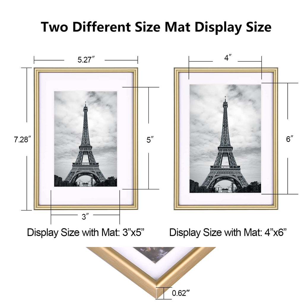 5x7 Picture Frame Set of 4, Matted Brass Simple Modern Brushed Thin Aluminum Metal Photo Frame Fits 3x5 and 4x6 with