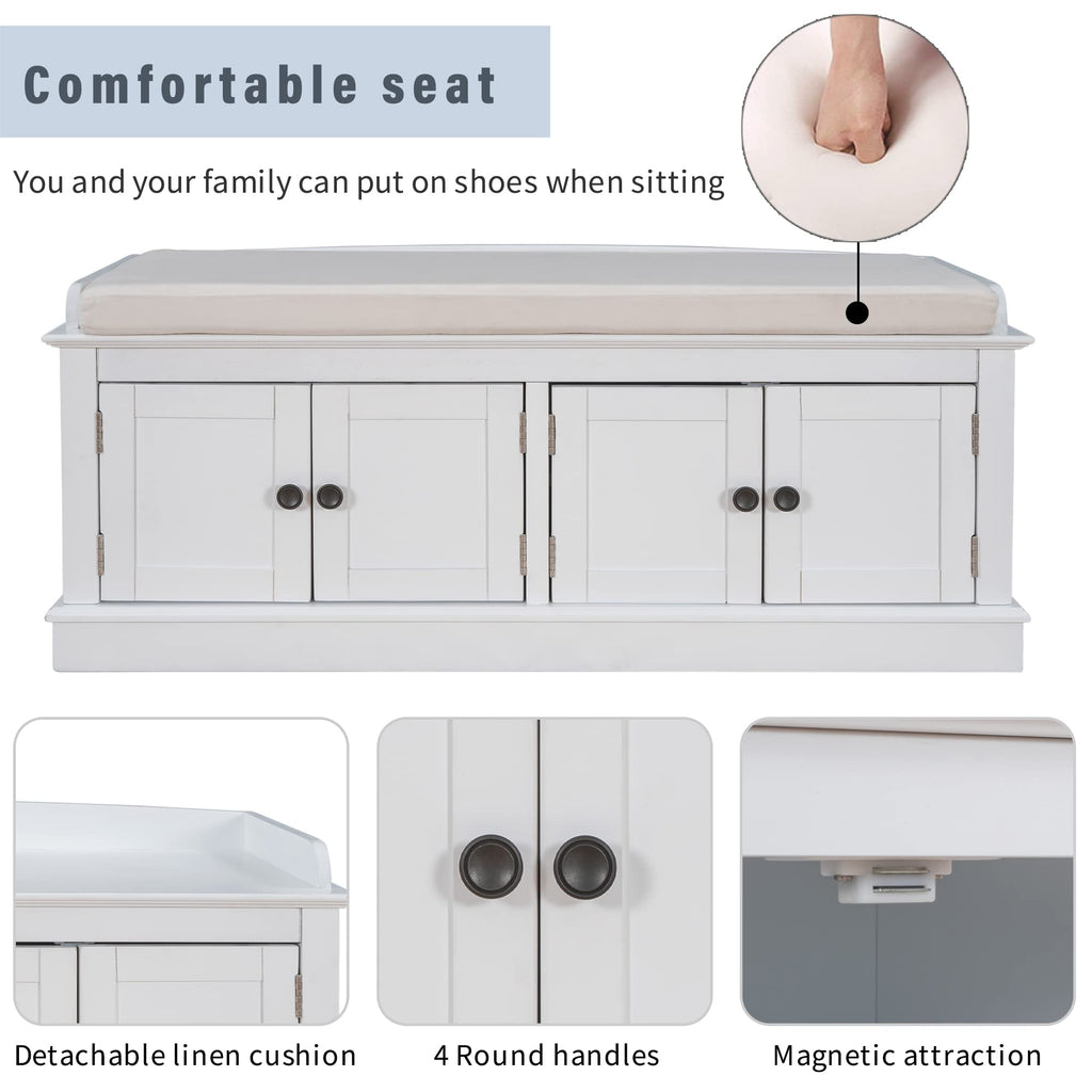 Modern Rustic Wood Shoe Bench with Removable Cushion Multipurpose Window Storage Cabinets Living Room Bedroom White