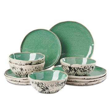 12pcs Dinnerware Set Service for 4, Handmade, Stoneware, Ceramic, Dish Set, Plates and Bowls set, Dinner Set, Reactive
