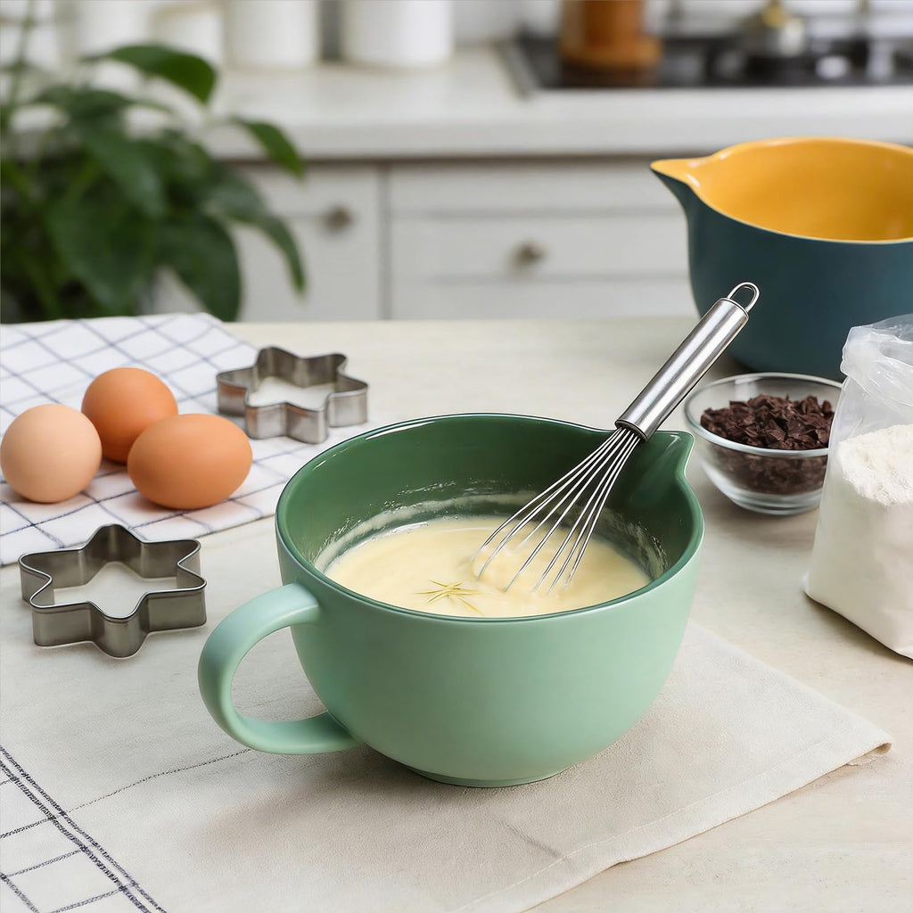 Simple Solid Color Kitchen Ceramic Mixing Bowl, 1 Quart Large Bowl, with Pouring Spout and Handle