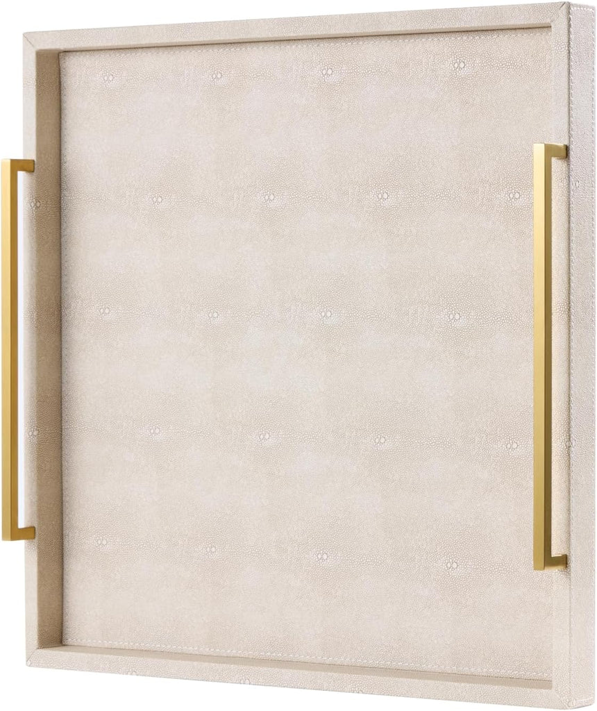 24"x24" Oversized Square Ottoman Tray , Extra Large Ivory Shagreen Leather Decorative Tray for Coffee Table,Wooden