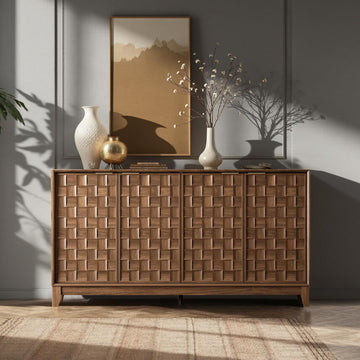 Fluted Sideboard Cabinet with Storage, Solid Wood Buffet , Credenza Console with Adjustable Shelves, Walnut Finish