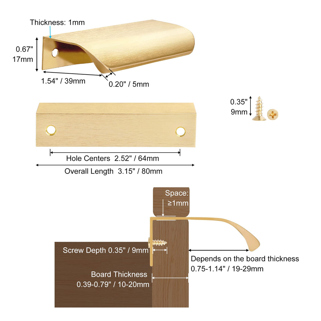 10 Pack 3.15" Gold Edge Finger Pulls for Cabinets, Drawer Handles
