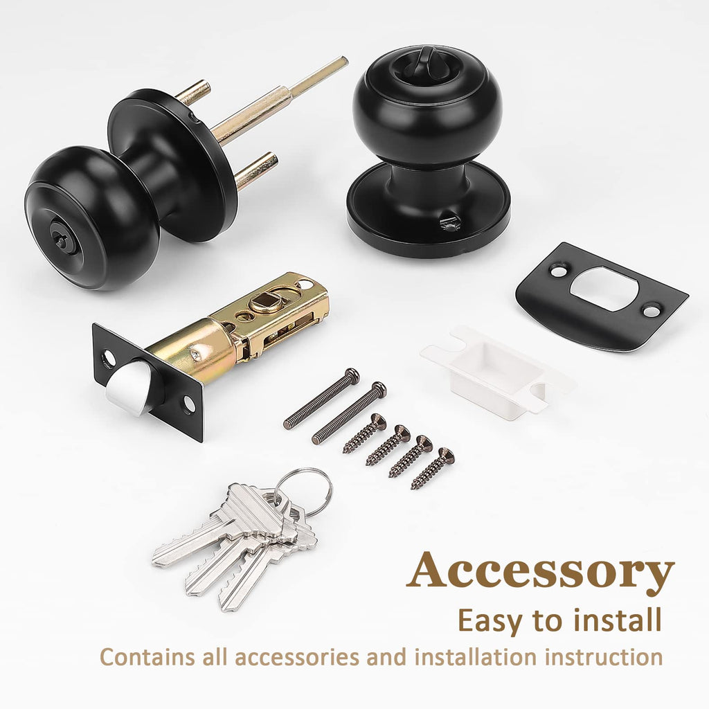6 Pack) Black Round Entry Door Knobs Keyed Alike, Exterior/Interior Door Handles Bedroom Bathroom/Front/Offic Doors