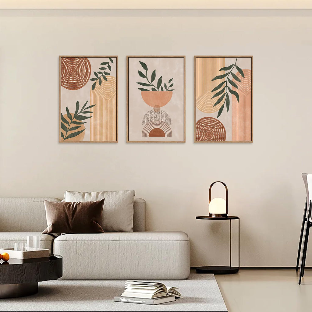 Framed Boho Wall Art Set of 3, 16"x24" Mid Century Modern Wall Decor, Bohemian Sun Geometric Painting, Large Abstract